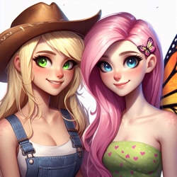 Size: 1024x1024 | Tagged: safe, imported from derpibooru, applejack, fluttershy, human, ai content, ai generated, breasts, butterfly wings, cleavage, clothes, cowboy hat, duo, duo female, female, freckles, generator:bing image creator, hairpin, hat, humanized, looking at you, prompter:pawels, simple background, smiling, stetson, suspenders, white background, wings