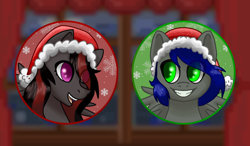 Size: 1200x700 | Tagged: safe, artist:krotir, imported from derpibooru, oc, oc only, oc:mb midnight breeze, oc:se solar eclipse, pegasus, pony, blue mane, blurry background, christmas, christmas 2023, commission, couple, cute, drapes, duo, duo focus, duo male and female, ears up, eye clipping through hair, female, fluffy mane, gray coat, green background, green eyes, happy, hat, hearth's warming, holiday, in love, indoors, looking at each other, looking at someone, love, male, matching outfits, open mouth, pegasus oc, pony oc, profile picture, purple eyes, red and black mane, red background, santa hat, simple background, smiling, smiling at each other, snow, snowflake, spread wings, teeth, window, wings