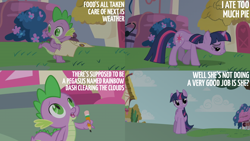 Size: 2000x1125 | Tagged: safe, edit, edited screencap, editor:quoterific, imported from derpibooru, screencap, spike, twilight sparkle, dragon, pony, unicorn, friendship is magic, female, g4, implied rainbow dash, male, mare, unicorn twilight