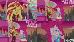 Size: 4400x2475 | Tagged: safe, edit, edited screencap, editor:quoterific, imported from derpibooru, screencap, pinkie pie, sunset shimmer, equestria girls, equestria girls series, sunset's backstage pass!, spoiler:eqg series (season 2), churros, food