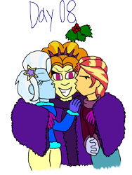 Size: 2625x3500 | Tagged: safe, artist:ktd1993, imported from derpibooru, adagio dazzle, sunset shimmer, trixie, human, equestria girls, cheek kiss, christmas, female, grin, holiday, holly, holly mistaken for mistletoe, kiss on the cheek, kiss sandwich, kissing, lesbian, ship:sunsagio, shipping, simple background, smiling, transparent background, triagio