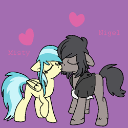 Size: 500x500 | Tagged: safe, artist:spitstuck, imported from derpibooru, misty fly, oc, oc:nigel, pony, clothes, female, kissing, male, purple background, shirt, simple background, stallion, straight