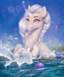 Size: 1108x1334 | Tagged: safe, artist:pegaya, imported from derpibooru, oc, oc only, pony, unicorn, ball, curved horn, female, horn, mare, solo, swimming, water