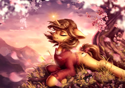 Size: 1920x1357 | Tagged: safe, artist:patrycja winniczuk, imported from derpibooru, oc, oc only, pony, unicorn, bow, cherry blossoms, cherry tree, clothes, commission, eyes closed, female, flower, flower blossom, magic, mare, scenery, solo, sweater, tail, tail bow, tree