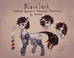 Size: 3160x2496 | Tagged: safe, artist:bultico, imported from derpibooru, oc, oc:blackjack, cyborg, pony, unicorn, fallout equestria, fallout equestria: project horizons, amputee, fanfic art, female, mare, prosthetic leg, prosthetic limb, prosthetics, reference sheet, solo