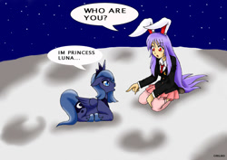 Size: 900x637 | Tagged: safe, artist:ciriliko, imported from derpibooru, princess luna, alicorn, bunny ears, crossover, duo, female, humanoid, mare, reisen udongein inaba, touhou