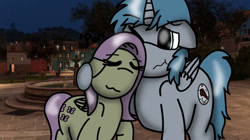 Size: 828x465 | Tagged: safe, artist:foxfer64_yt, imported from derpibooru, fluttershy, oc, oc:nara (fl), alicorn, pegasus, pony, :3, city, cute, forza horizon, fountain, hug, mexico, night, photo, relieved