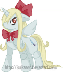 Size: 828x943 | Tagged: safe, artist:suikasen, imported from derpibooru, doll pony, original species, pony, bow, doll, female, hair bow, hourai doll, mare, ponified, simple background, solo, touhou, toy, white background