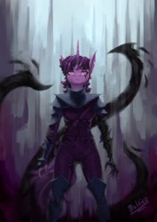 Size: 1920x2708 | Tagged: safe, artist:bultico, imported from derpibooru, twilight sparkle, anthro, unicorn, armor, claws, corrupted, eye scar, facial scar, female, scar, solo, tentacles