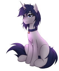 Size: 3322x4001 | Tagged: safe, artist:alicetriestodraw, imported from derpibooru, oc, oc only, oc:mysza, pony, unicorn, derpibooru community collaboration, 2023 community collab, blue eyes, blue mane, collar, female, horn, mare, pet tag, simple background, sitting, solo, transparent background, unicorn oc, white fur