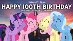 Size: 2560x1440 | Tagged: safe, artist:zslnews, imported from derpibooru, fluttershy, pinkie pie, trixie, twilight sparkle, alicorn, earth pony, pegasus, pony, unicorn, birthday, disney, disney 100, female, twilight sparkle (alicorn)