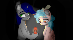 Size: 2000x1109 | Tagged: artist needed, source needed, safe, imported from derpibooru, cozy glow, oc, pegasus, pony, unicorn, black background, dark background, duo, fanfic art, grin, lantern, rook, simple background, smiling