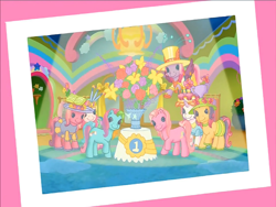 Size: 900x675 | Tagged: safe, imported from derpibooru, screencap, cheerilee (g3), pinkie pie (g3), rainbow dash (g3), scootaloo (g3), starsong, sweetie belle (g3), toola roola, earth pony, pegasus, pony, unicorn, meet the ponies, bouquet, clothes, core seven, flower, flying, g3, hat, looking at camera, rainbow dash's hat fashion party, raised hoof, spotlight, toola-roola