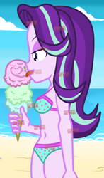 Size: 2148x3644 | Tagged: safe, spike, starlight glimmer, beach, bedroom eyes, bikini, clothes, female, food, heart, ice cream, licking, male, micro, shipping, soft vore, sparlight, straight, swimsuit, tongue out, vore, when you see it