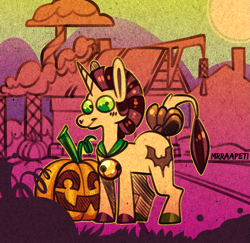 Size: 1143x1112 | Tagged: safe, artist:mrraapeti, imported from derpibooru, oc, pony, unicorn, halloween, holiday, jack-o-lantern, male, pumpkin, solo, stallion