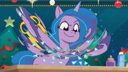 Size: 3072x1727 | Tagged: safe, imported from derpibooru, screencap, izzy moonbow, pony, unicorn, spoiler:g5, spoiler:my little pony: tell your tale, spoiler:tyts01e69, equestria's got talent, eyebrows, female, g5, indonesia, mare, my little pony: tell your tale, raised eyebrow, scissors, smiling, solo, subtitles