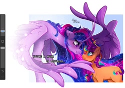 Size: 1080x764 | Tagged: safe, artist:shinysolaria, imported from derpibooru, sunny starscout, twilight sparkle, alicorn, the last problem, crown, duo, duo female, female, foreshadowing, g5, horn, jewelry, looking at each other, looking at someone, meta, older, older twilight, older twilight sparkle (alicorn), princess twilight 2.0, pun, regalia, shadow, signature, smiling, smiling at each other, spread wings, sunny and her heroine, text, that magic is yours to give, twilight sparkle (alicorn), visual pun, wings