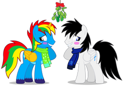 Size: 6591x4627 | Tagged: safe, artist:creedyboy124, imported from derpibooru, oc, oc only, oc:shane park, oc:shield wing, alicorn, pegasus, pony, alicorn oc, blushing, clothes, gay, holiday, horn, male, mistletoe, pegasus oc, scarf, shipping, simple background, stallion, transparent background, wings, winter