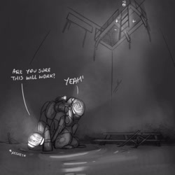 Size: 3000x3000 | Tagged: safe, artist:captainhoers, imported from derpibooru, oc, oc only, pony, dialogue, duo, grayscale, high res, ladder, low angle, monochrome, spacesuit, this will end in pain