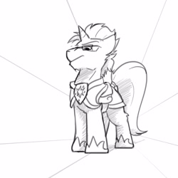 Size: 3000x3000 | Tagged: safe, artist:captainhoers, imported from derpibooru, oc, oc only, pony, unicorn, glasses, grayscale, guard armor, low angle, male, monochrome, royal guard, simple background, solo, stallion, white background