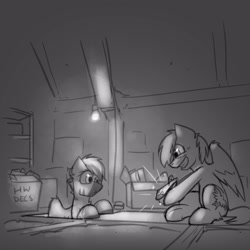 Size: 3000x3000 | Tagged: safe, artist:captainhoers, imported from derpibooru, oc, oc only, oc:concorde, pegasus, pony, attic, duo, eyebrows, grayscale, grin, high res, hoof hold, monochrome, offspring, parent:soarin', parent:spitfire, parents:soarinfire, raised eyebrow, smiling, space shuttle, sparkles, toy