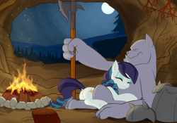 Size: 1714x1200 | Tagged: safe, artist:lemon, imported from ponybooru, coloratura, diamond dog, earth pony, armor, butt, cave, cuddling, dock, fire, halberd, moonn, plot, sleeping, warm, weapon