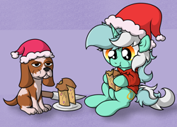 Size: 2804x2010 | Tagged: safe, artist:background basset, imported from derpibooru, lyra heartstrings, basset hound, dog, earth pony, pony, unicorn, christmas, eating, food, fruitcake, hat, holiday, knife, santa hat, simple background