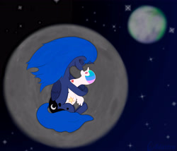 Size: 4808x4125 | Tagged: safe, alternate version, artist:adastra, imported from derpibooru, princess celestia, princess luna, alicorn, pony, crying, eyes closed, lying down, melancholy, moon, plushie, sad, solo, space, teary eyes