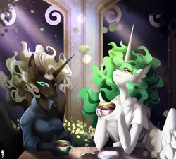 Size: 2236x2011 | Tagged: safe, artist:taiga-blackfield, imported from derpibooru, oc, oc only, oc:eos, oc:malice, alicorn, anthro, alicorn oc, duo, horn, wings