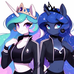 Size: 1024x1024 | Tagged: prompter needed, safe, imported from derpibooru, princess celestia, princess luna, anthro, ai content, ai generated, ambiguous facial structure, breasts, cleavage, clothes, duo, female, generator:dall-e 3, midriff