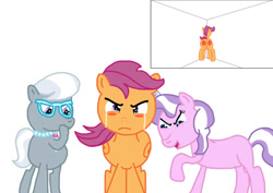 Size: 749x530 | Tagged: artist needed, safe, imported from derpibooru, diamond tiara, scootaloo, silver spoon, /mlp/, blushing, corner, crying, embarrassed, humiliation, simple background, spank mark, spanked, spanking, white background