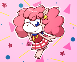 Size: 837x676 | Tagged: safe, artist:negaposi, imported from derpibooru, anthro, 2020, abstract background, ascot, clothes, curly hair, female, fuwa fuwa, g1, looking at you, pink hair, plaid skirt, skirt, smiling, solo, takara pony, walking
