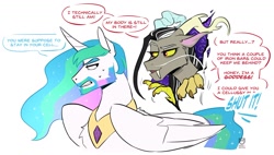 Size: 1589x901 | Tagged: safe, artist:redxbacon, imported from derpibooru, discord, princess celestia, alicorn, draconequus, pony, annoyed, beard, celestia is not amused, comic, dialogue, discord being discord, duo, eris, facial hair, jewelry, now you're thinking with portals, portal, prince solaris, regalia, rule 63, simple background, speech bubble, unamused, white background