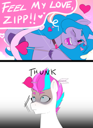 Size: 1737x2405 | Tagged: safe, artist:aztrial, imported from derpibooru, izzy moonbow, zipp storm, pegasus, pony, unicorn, spoiler:g5, spoiler:my little pony: tell your tale, spoiler:tyts01e44, arrow, bow, cupid, dialogue, duo, female, floating heart, g5, gradient background, heart, holiday, implied izzyzipp, implied lesbian, implied shipping, izzyzipp, lesbian, mare, my little pony: tell your tale, one eye closed, onomatopoeia, open mouth, pinpoint eyes, secret ad-mare-er, shipping, simple background, sound effects, speech bubble, unshorn fetlocks, valentine's day, wink