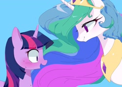 Size: 2048x1463 | Tagged: safe, artist:cheesesauce_45, imported from derpibooru, princess celestia, twilight sparkle, alicorn, pony, unicorn, blue background, blushing, crown, duo, duo female, female, jewelry, looking at each other, looking at someone, mare, open mouth, open smile, regalia, simple background, smiling, sweat, unicorn twilight