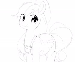 Size: 2048x1713 | Tagged: safe, artist:cheesesauce_45, imported from derpibooru, applejack, earth pony, pony, applejack's hat, black and white, clothes, cowboy hat, female, grayscale, hat, mare, monochrome, open mouth, open smile, overalls, simple background, sketch, smiling, solo, white background