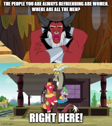 Size: 500x562 | Tagged: safe, edit, edited screencap, imported from derpibooru, screencap, big macintosh, discord, lord tirek, spike, draconequus, dragon, earth pony, pony, dungeons and discords, caption, image macro, imgflip, male, stallion, text, train station