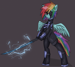 Size: 3186x2838 | Tagged: safe, artist:sleepymist, imported from derpibooru, rainbow dash, pegasus, pony, bipedal, brown background, clothes, cosplay, costume, eyepatch, female, hair over one eye, hoof hold, katana, looking at you, mare, metal gear, metal gear rising, raiden, simple background, solo, spread wings, sword, weapon, wings