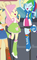 Size: 383x613 | Tagged: safe, imported from derpibooru, screencap, applejack, fluttershy, rainbow dash, human, eqg summertime shorts, equestria girls, get the show on the road, armpits, arms in the air, belt, boots, clothes, cowboy boots, cropped, hands in the air, high heel boots, jumping, shirt, shoes, skirt, sleeveless, sleeveless shirt, socks, tanktop