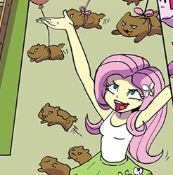 Size: 295x300 | Tagged: safe, artist:pencils, idw, imported from derpibooru, fluttershy, gerbil, human, equestria girls, spoiler:comic, spoiler:comicequestriagirlsmarchradness, armpits, arms in the air, balloon, clothes, cropped, hands in the air, shirt, sleeveless, sleeveless shirt, tanktop