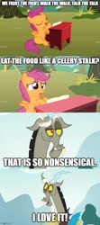 Size: 500x1125 | Tagged: safe, edit, edited screencap, imported from derpibooru, screencap, discord, scootaloo, draconequus, pegasus, pony, the show stoppers, what about discord?, caption, comic, duo, female, filly, foal, image macro, imgflip, male, musical instrument, piano, screencap comic, text