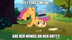 Size: 888x499 | Tagged: safe, edit, edited screencap, imported from derpibooru, screencap, scootaloo, pegasus, pony, ponyville confidential, animation error, caption, female, filly, foal, image macro, imgflip, mud, pencil, text