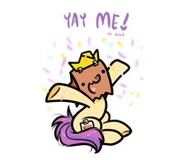 Size: 880x794 | Tagged: safe, artist:paperbagpony, imported from derpibooru, oc, oc only, oc:paper bag, earth pony, pony, bag, confetti, crown, happy, happy birthday, jewelry, open mouth, open smile, paper bag, paper crown, regalia, smiling, solo