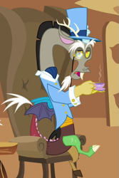 Size: 419x629 | Tagged: safe, imported from derpibooru, screencap, discord, draconequus, keep calm and flutter on, ascot, ascot tie, clothes, cropped, cummerbund, cup, drink, food, hat, looking at you, male, monocle, monocle and top hat, outfit catalog, solo, suit, tea, teacup, top hat