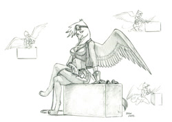 Size: 1498x1059 | Tagged: safe, artist:baron engel, imported from derpibooru, gilda, anthro, griffon, angle grinder, box, female, goggles, goggles on head, grinder, monochrome, pencil drawing, solo, spread wings, story included, traditional art, wings