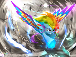 Size: 2400x1800 | Tagged: safe, artist:darksly, imported from derpibooru, rainbow dash, pegasus, pony, colored wings, fast, female, flying, mare, partial color, rainbow power, solo, spread wings, wings