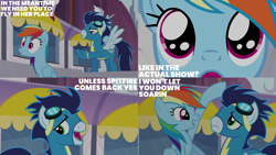 Size: 2000x1125 | Tagged: safe, edit, edited screencap, editor:quoterific, imported from derpibooru, screencap, rainbow dash, soarin', pegasus, pony, rarity investigates, close-up, clothes, duo, duo male and female, excited, female, frown, goggles, goggles on head, happy, implied spitfire, male, mare, open mouth, open smile, pointing, smiling, spread wings, stallion, uniform, wings, wonderbolts uniform