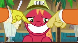 Size: 888x499 | Tagged: safe, edit, edited screencap, imported from derpibooru, screencap, big macintosh, discord, draconequus, earth pony, pony, dungeons and discords, caption, forced smile, image macro, imgflip, male, offscreen character, smiling, solo focus, stallion, text