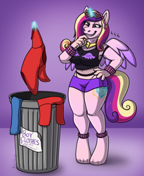 Size: 1639x2000 | Tagged: safe, artist:metallicumbrage, imported from derpibooru, part of a set, princess cadance, alicorn, anthro, unguligrade anthro, ankle cuffs, anklet, armpits, bare shoulders, belly button, blue jeans, blushing, boyshorts, breasts, busty princess cadance, clothes, cuffs, giggling, glowing, glowing horn, hand on chin, hand on hip, horn, hot pants, human to pony, indoors, jewelry, lavender background, levitation, magic, magic aura, male to female, mesh, necklace, panties, part of a series, rule 63, shirt, short shirt, shorts, signature, simple background, smiling, solo, standing, sunglasses, sunglasses on head, t-shirt, telekinesis, thong, tiptoe, toes, transformation, transgender, transgender transformation, trash can, underwear, wrist cuffs