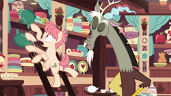 Size: 1280x720 | Tagged: safe, imported from derpibooru, screencap, discord, raspberry vinaigrette, draconequus, earth pony, pony, discordant harmony, season 7, bipedal, bipedal leaning, butt, duo, female, leaning, male, mare, moments before disaster, plot, teapot